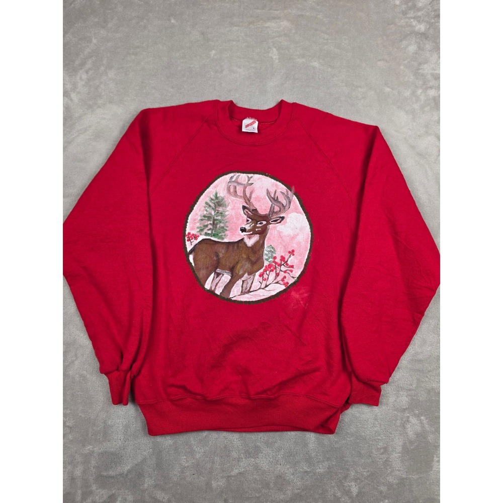 Vintage Jerzees Sweatshirt Women L Red Deer Graphic Nature Winter Made in USA